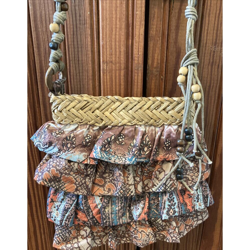 Sun 'N' Sand Boho Crossbody Ruffles Woven Straw Beaded Hipster Handbag Purse